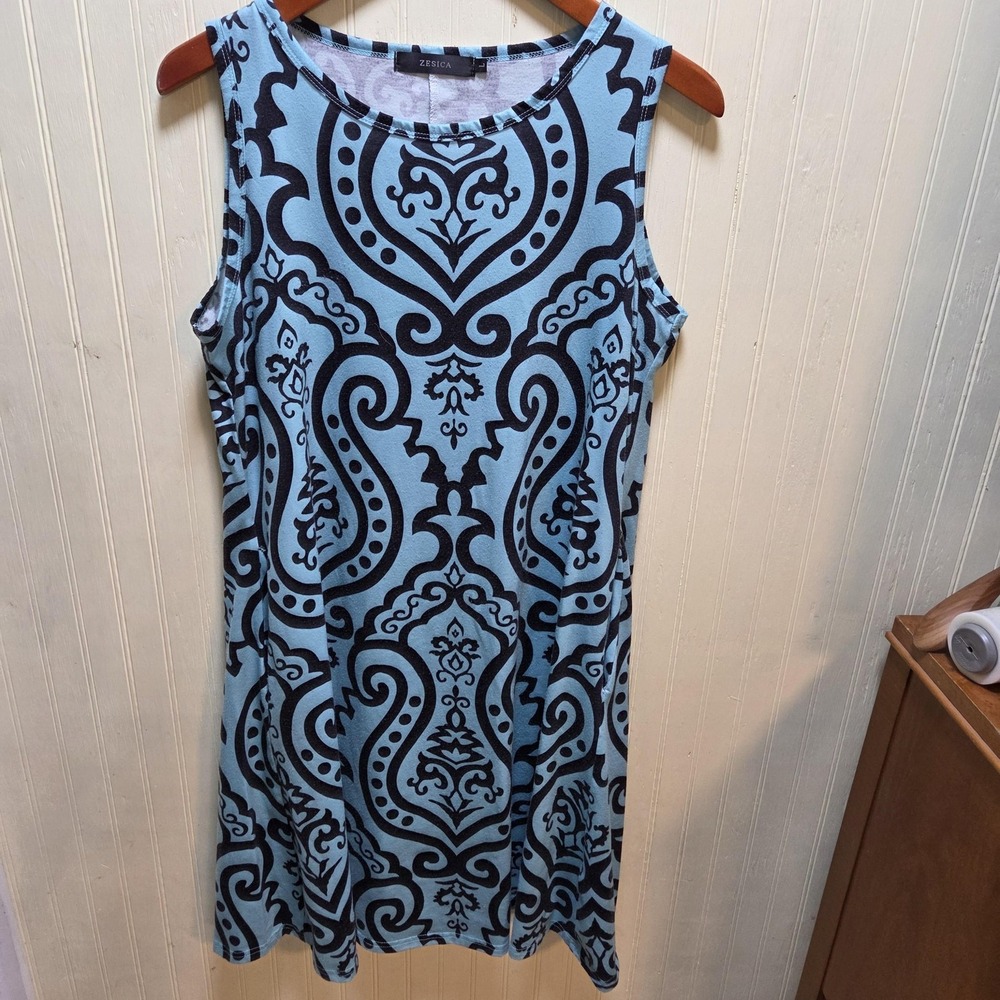ZESICA Dress Womens Large Blue Paisley Sleeveless Round Neck Swing Knee Length
